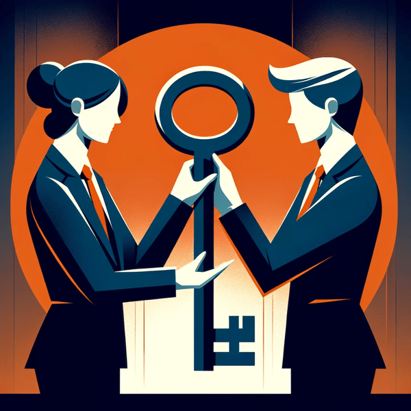 DALL·E 2024-01-22 14.51.49 - A modern business illustration in navy and orange colors, featuring two employees holding a large key together between them. The style is sleek and co