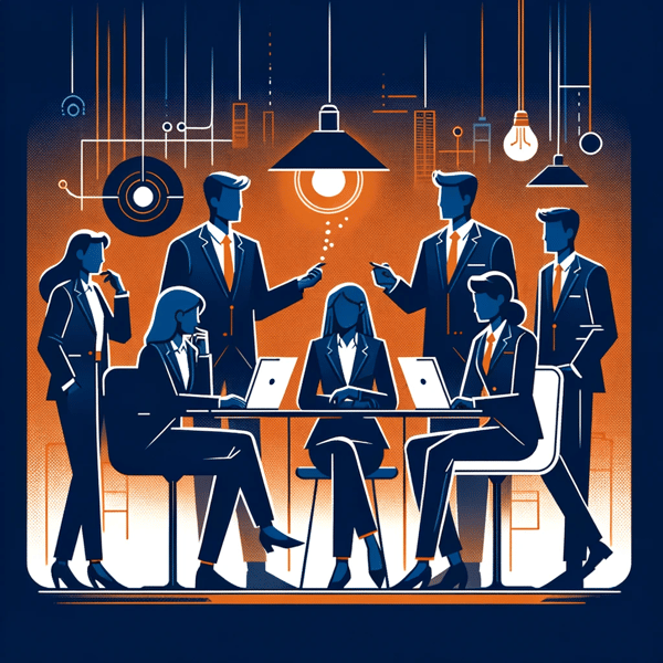 DALL·E 2024-01-22 16.17.27 - A modern business illustration in navy and orange colors, featuring a small team of employees engaging in a discussion and sharing ideas with each oth