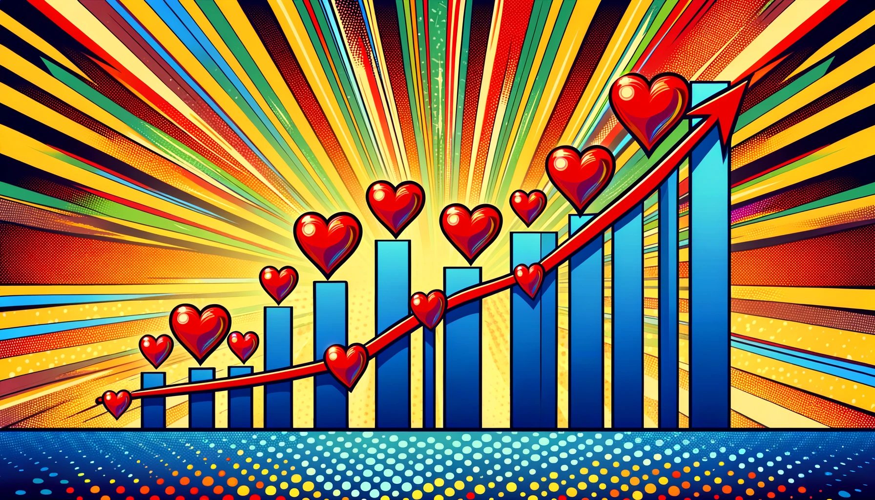 DALL·E 2024-05-20 11.53.37 - A pop art style image inspired by a chart showing increasing customer loyalty, where each point on the line graph is represented by a red heart. The b