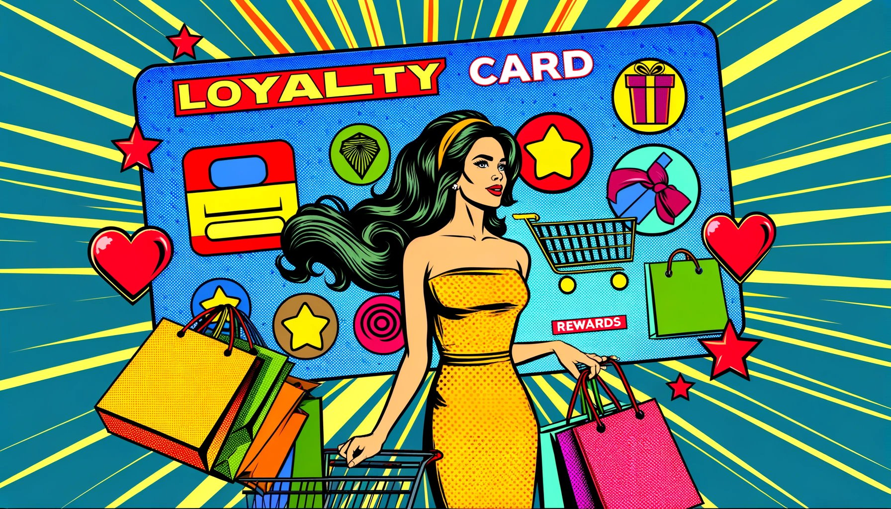 DALL·E 2024-05-20 12.36.39 - A pop art style image inspired by a large loyalty card with icons representing shopping, rewards, and gifts. A woman is shopping with bags and a shopp