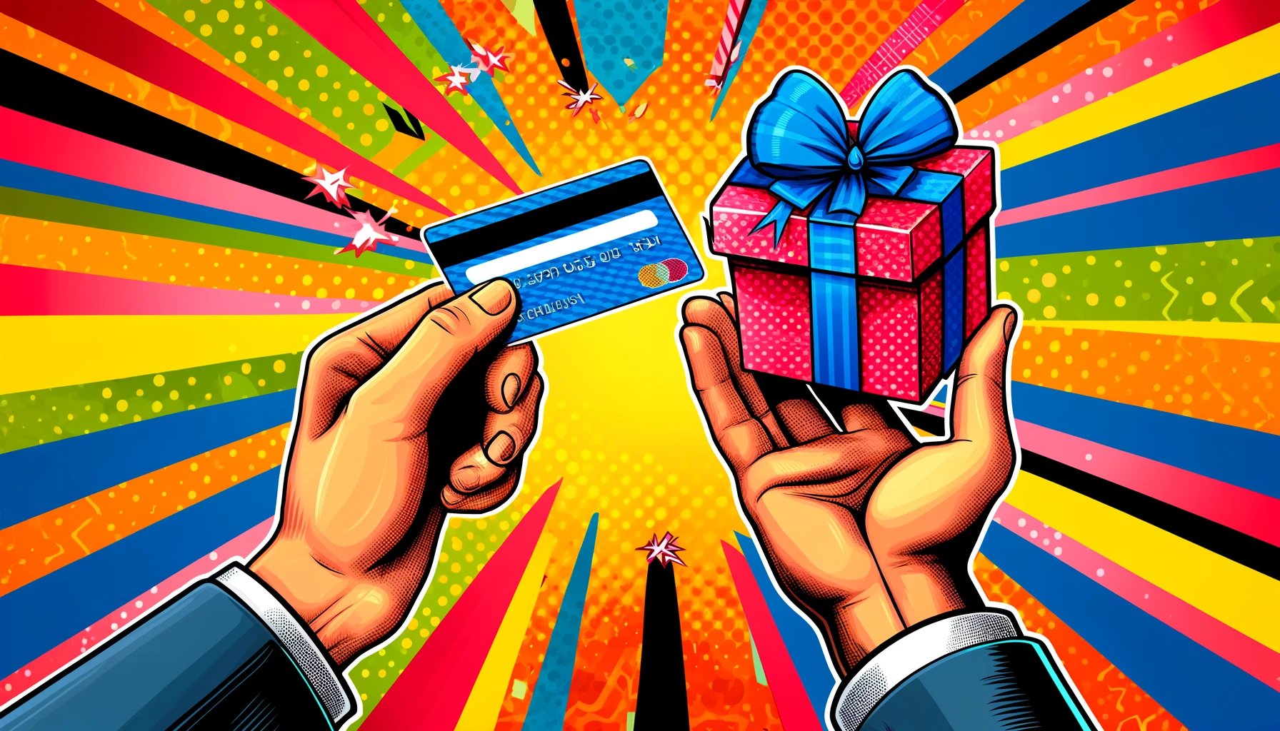 DALL·E 2024-05-20 13.15.48 - A pop art style image inspired by a transaction where one hand is holding a credit card and another hand is holding a gift box. The background is vibr