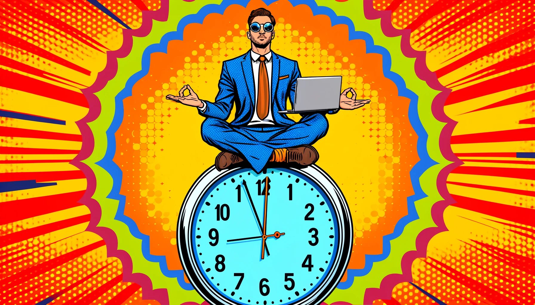 DALL·E 2024-05-20 15.24.11 - A pop art style image inspired by a scene where a person is sitting cross-legged on top of a large clock, holding a laptop and making a meditation ges