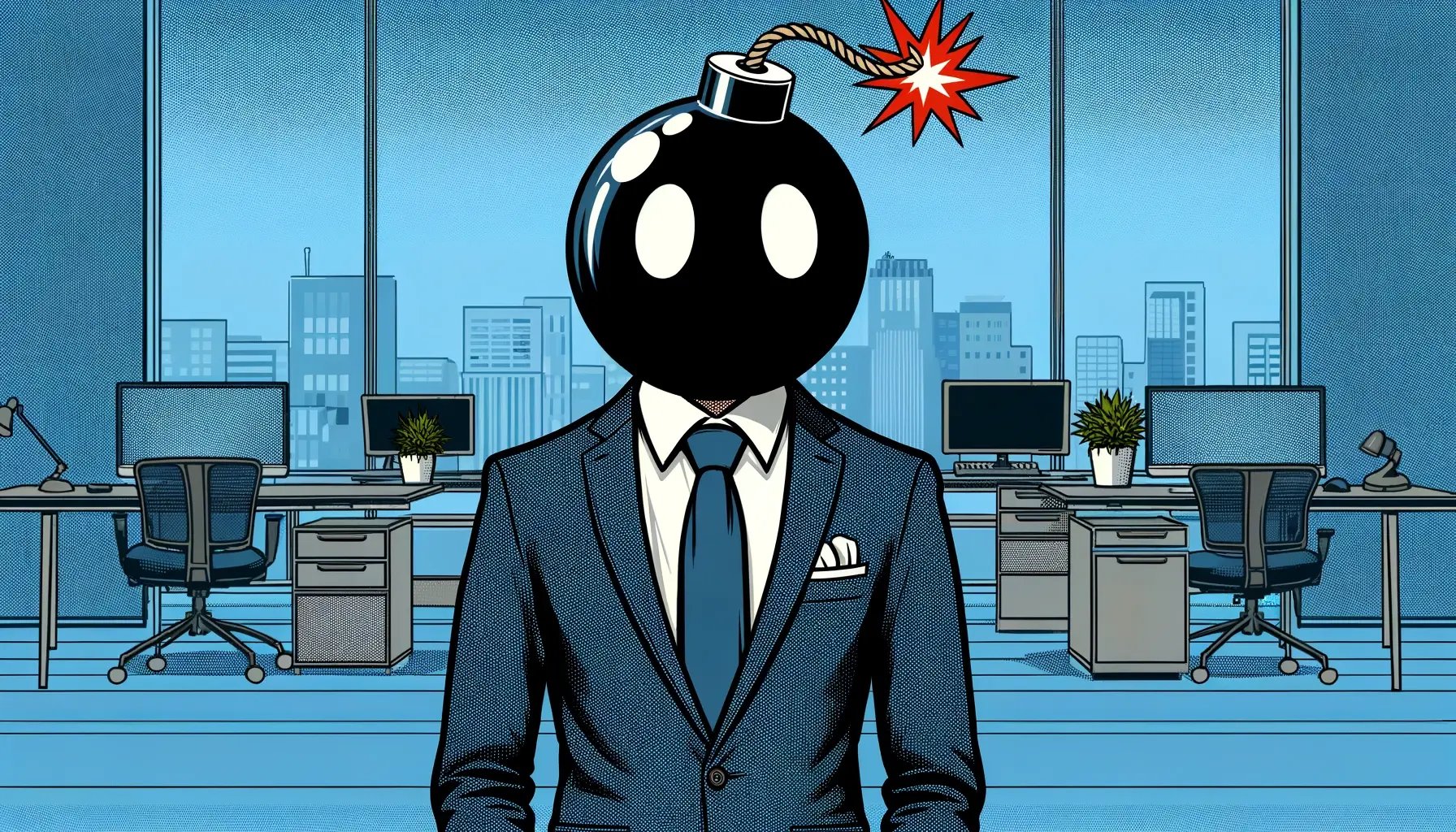 DALL·E 2024-05-28 10.51.57 - Create an image inspired by a person with a bomb for a head, wearing a suit, in a professional pop art style. Use colors from the www.thealternativebo