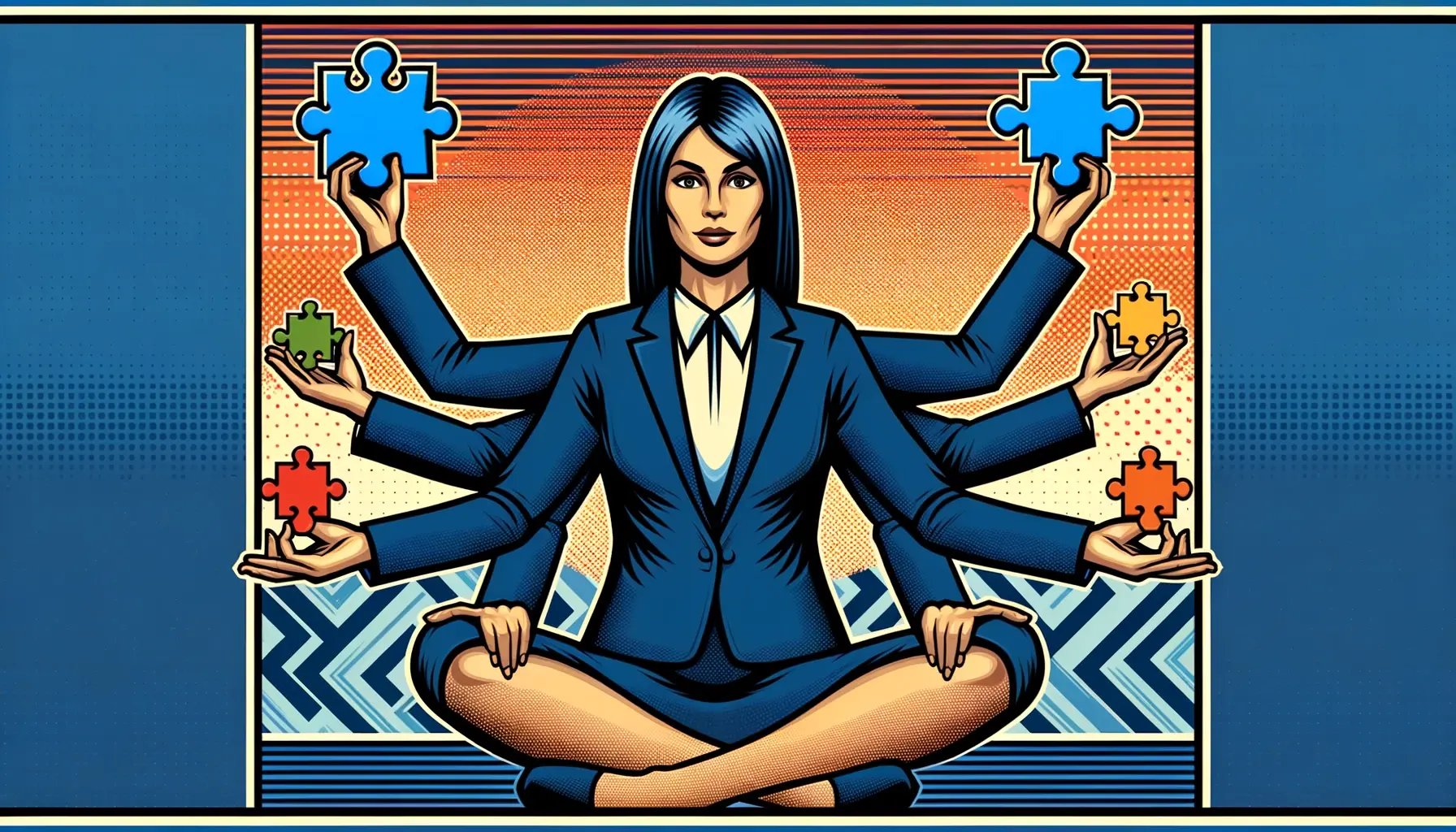 DALL·E 2024-06-10 15.15.08 - A professional pop art graphic illustrating the concept of delegation in the workplace. The image features a central figure, a woman, sitting cross-le