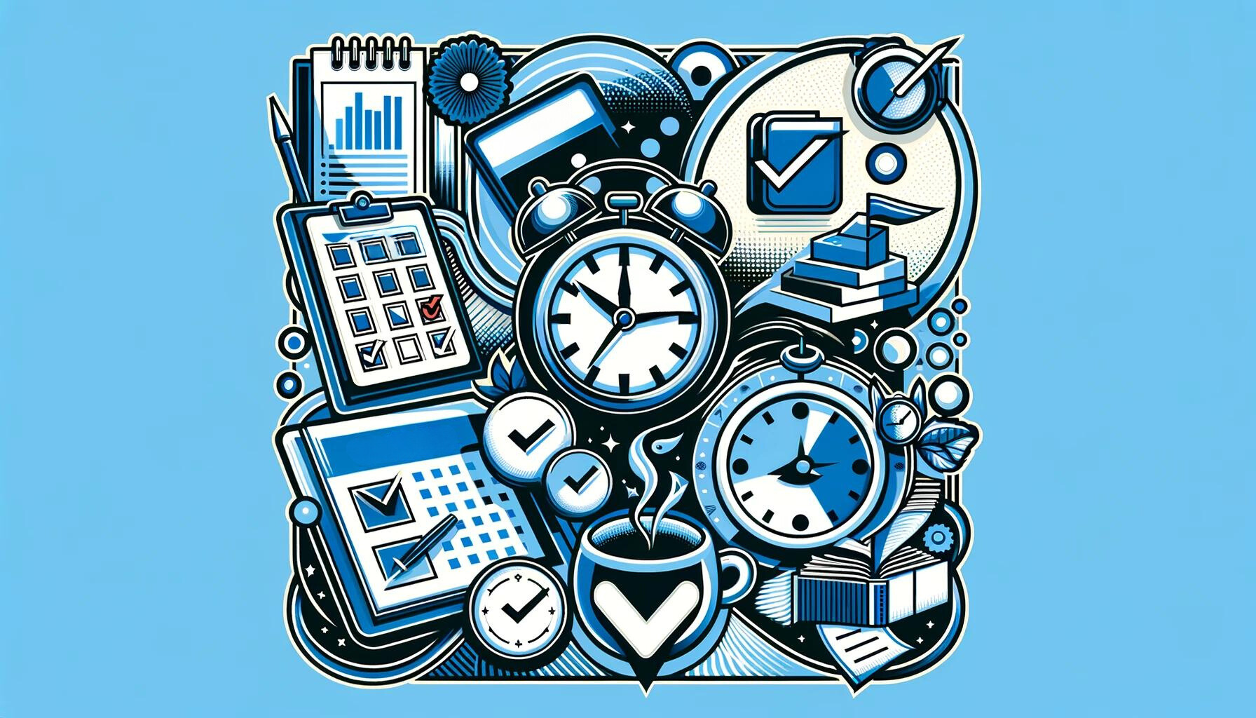 Pop art style image featuring elements of time management including a clock, calendar, and checklist, in blue, white, and grey colours, representing the 4 D's of time management: Do, Delegate, Defer, Delete.